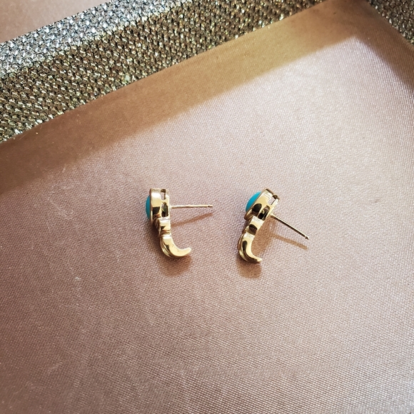 Vintage 10k Gold Diamond Turquoise Earrings - Picture 4 of 9